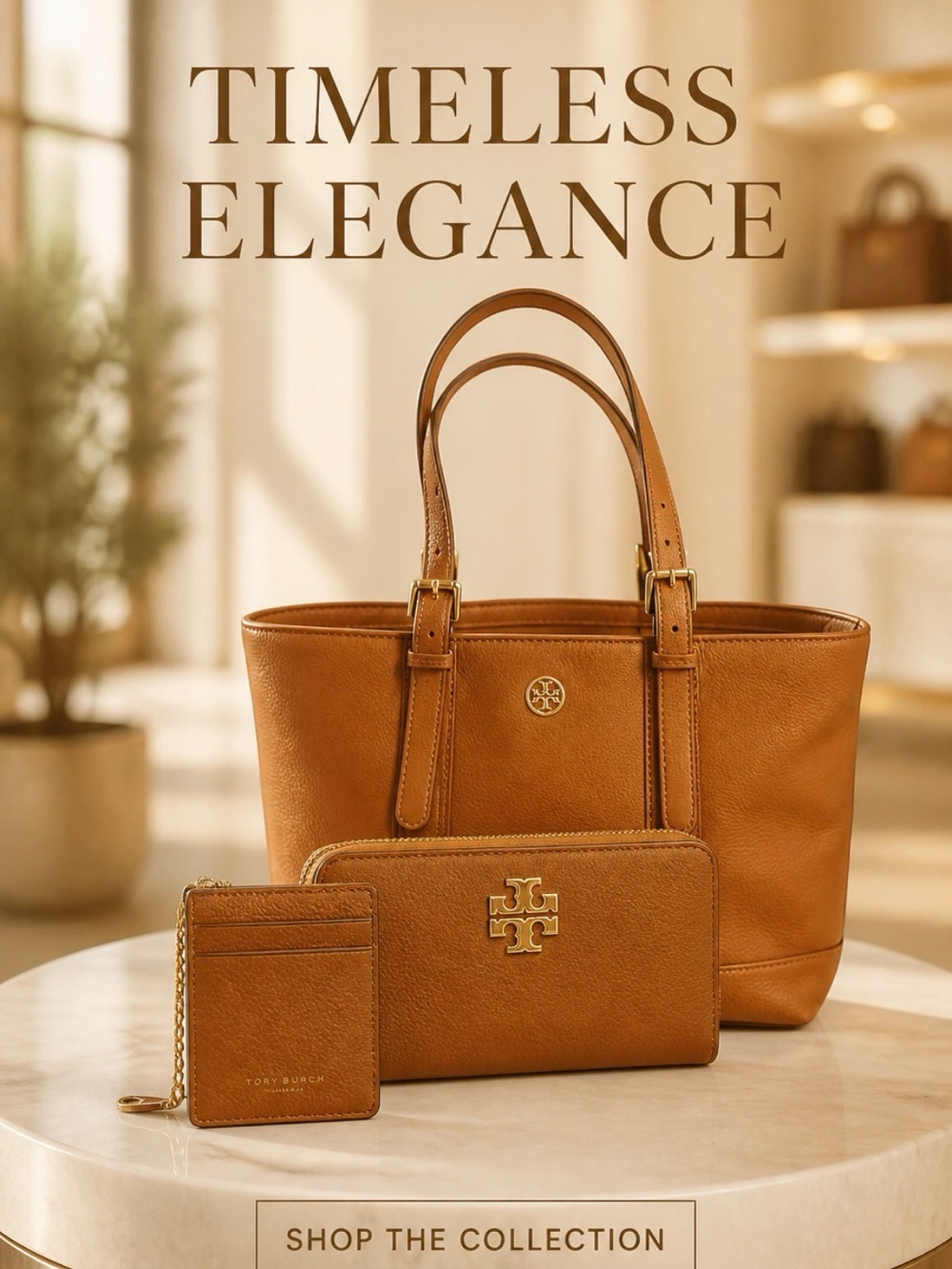 Tory Burch Cognac Leather Tote with Wallet & Card Case